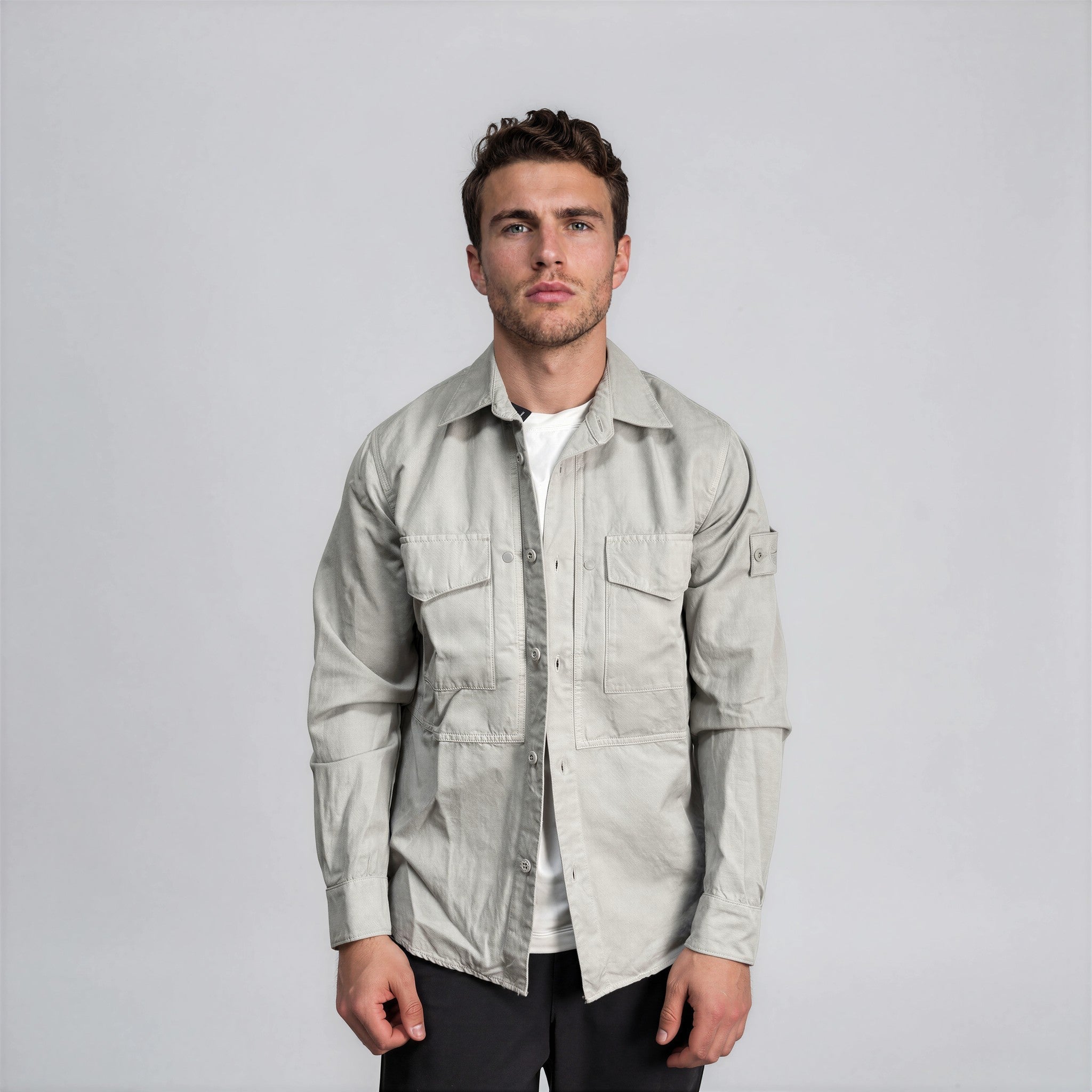 Stone Island Ghost Cotton Linen Canvas Overshirt in Dust Grey