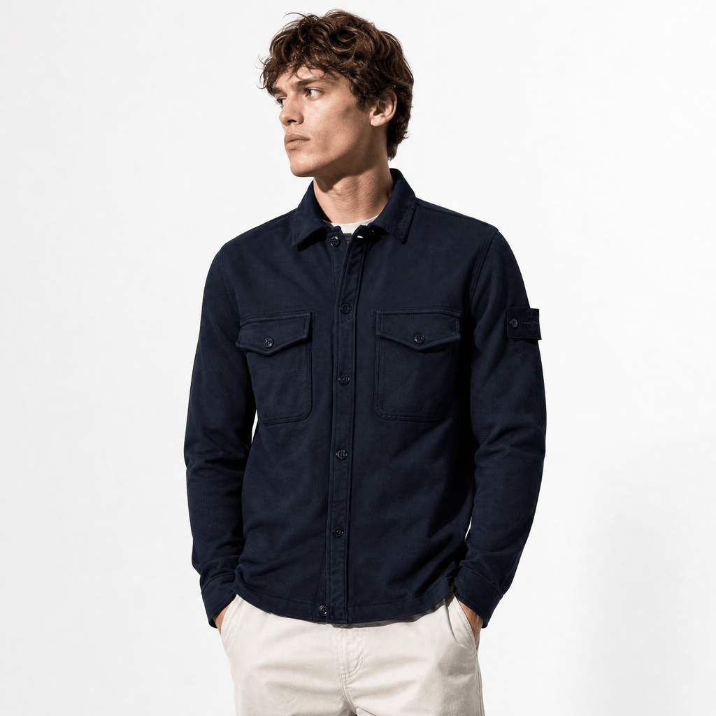 Stone Island Heavy Organic Cotton Fleece S.I. Ghost Collared Sweatshirt in Navy