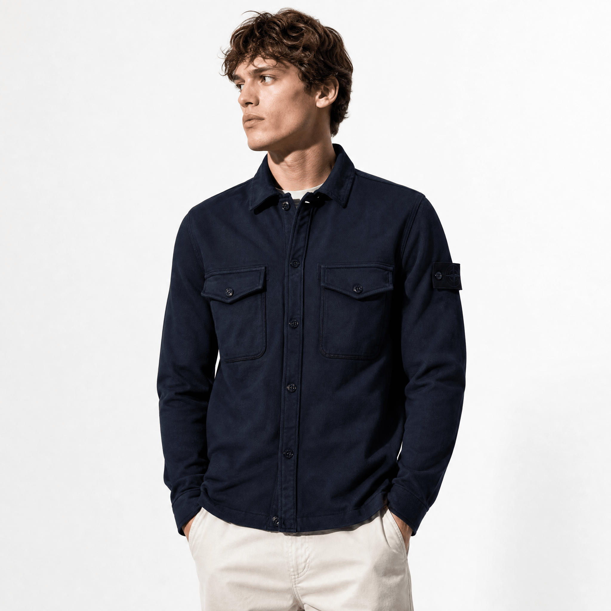 Stone Island Heavy Organic Cotton Fleece S.I. Ghost Collared Sweatshirt in Navy