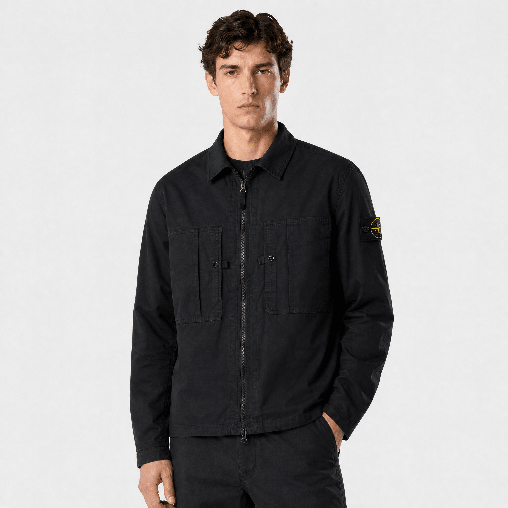 Stone Island Mercerised Organic Cotton Ripstop Overshirt in Black