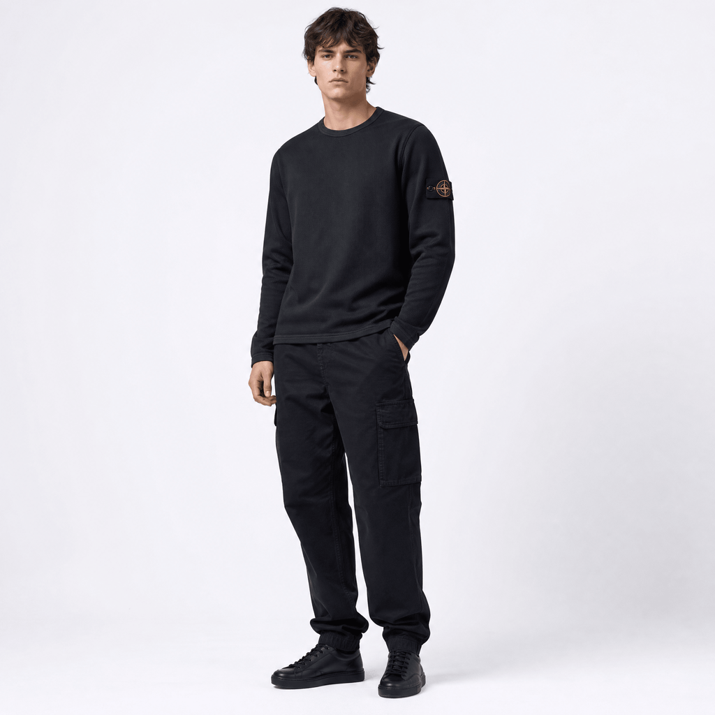 Stone Island Mesh Stitch Organic Cotton Fleece Crewneck Sweatshirt in Black