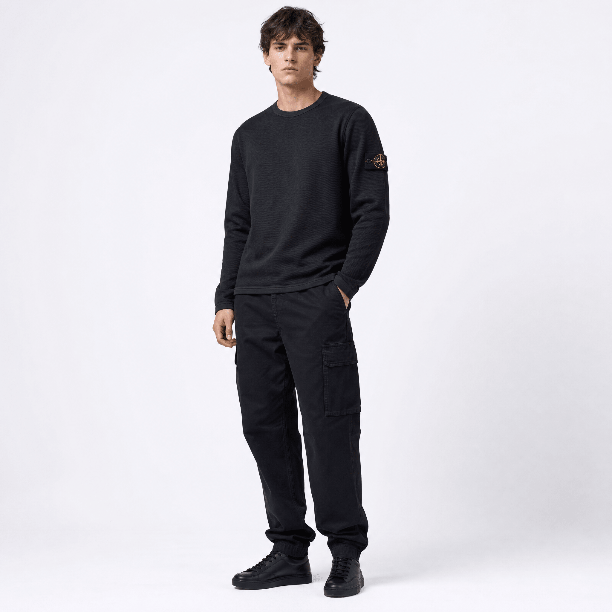 Stone Island Mesh Stitch Organic Cotton Fleece Crewneck Sweatshirt in Black