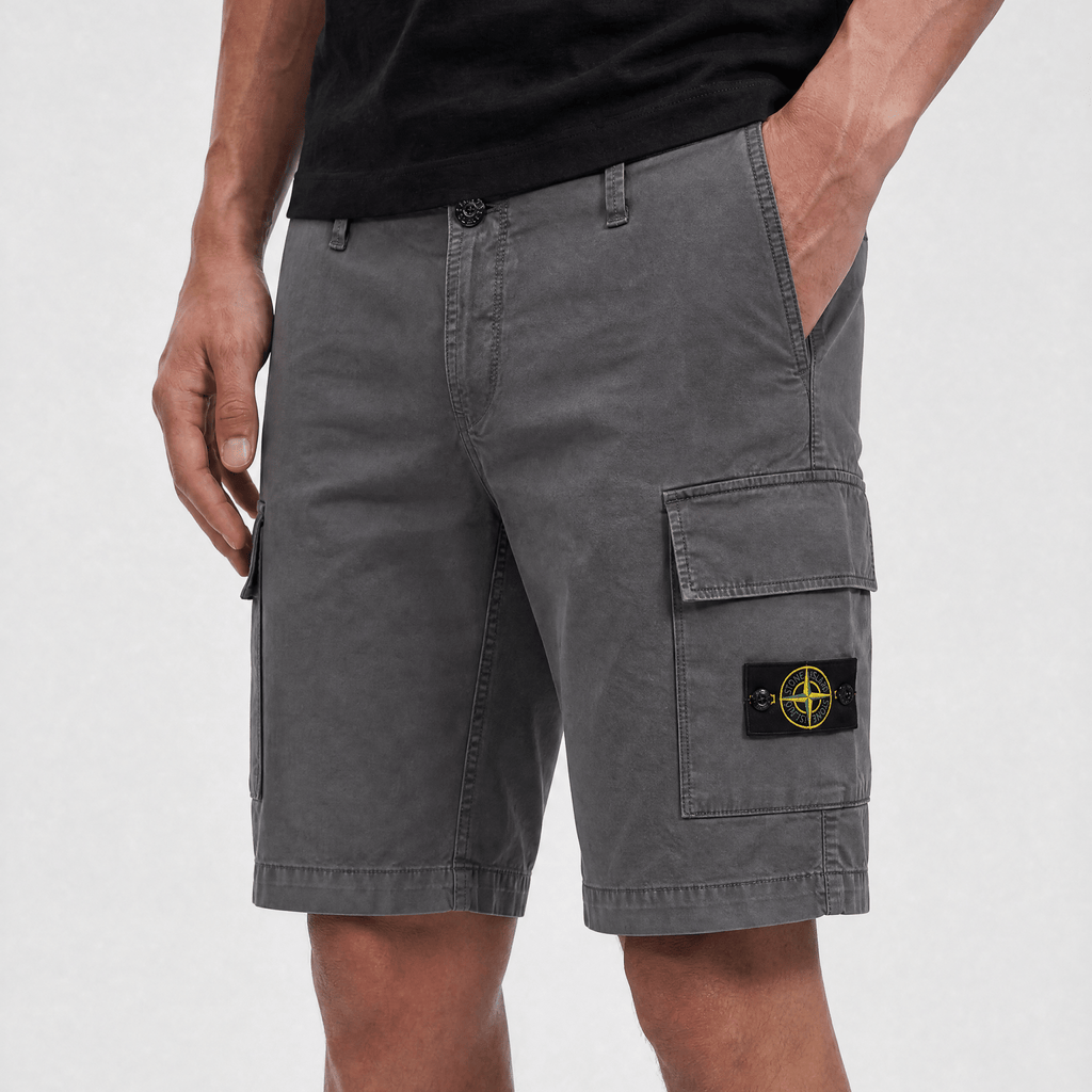 Stone Island Organic Cotton Stretch Broken Twill 'Old' Effect Cargo Shorts in Charcoal Grey