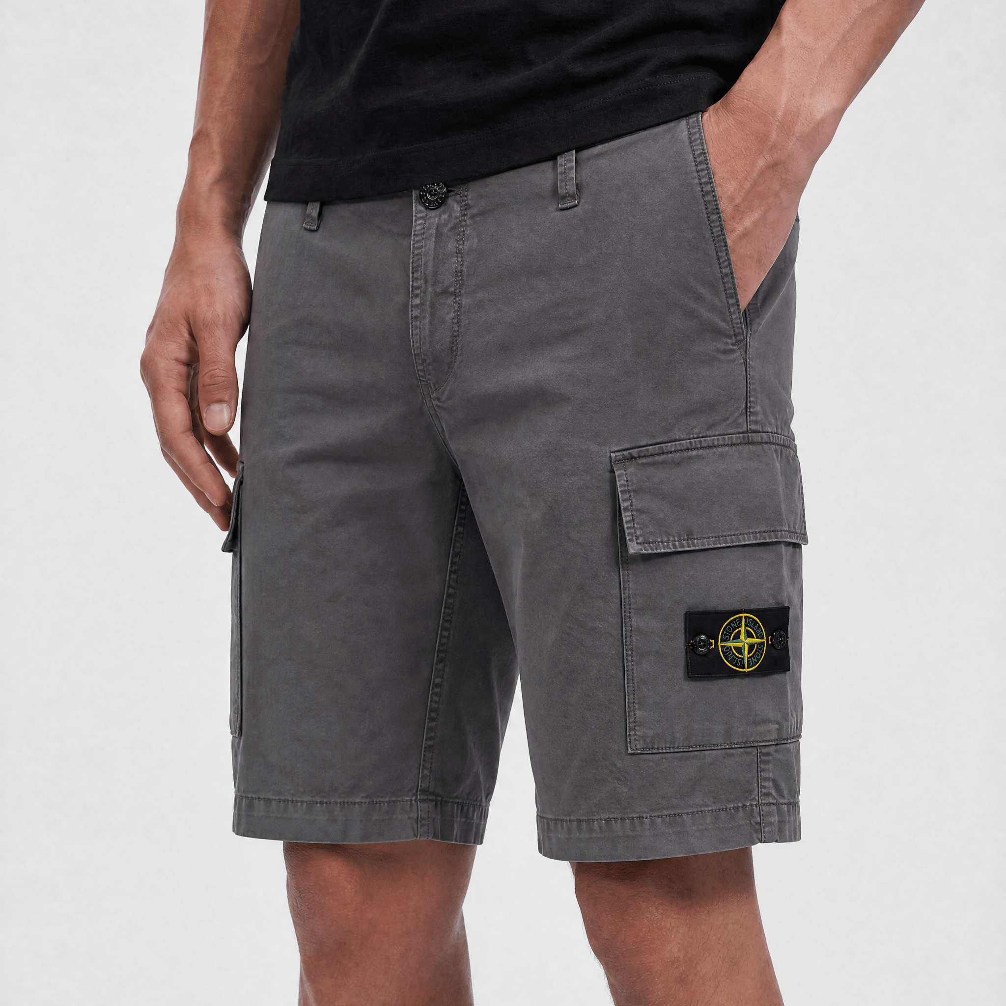 Stone Island Organic Cotton Stretch Broken Twill 'Old' Effect Cargo Shorts in Charcoal Grey