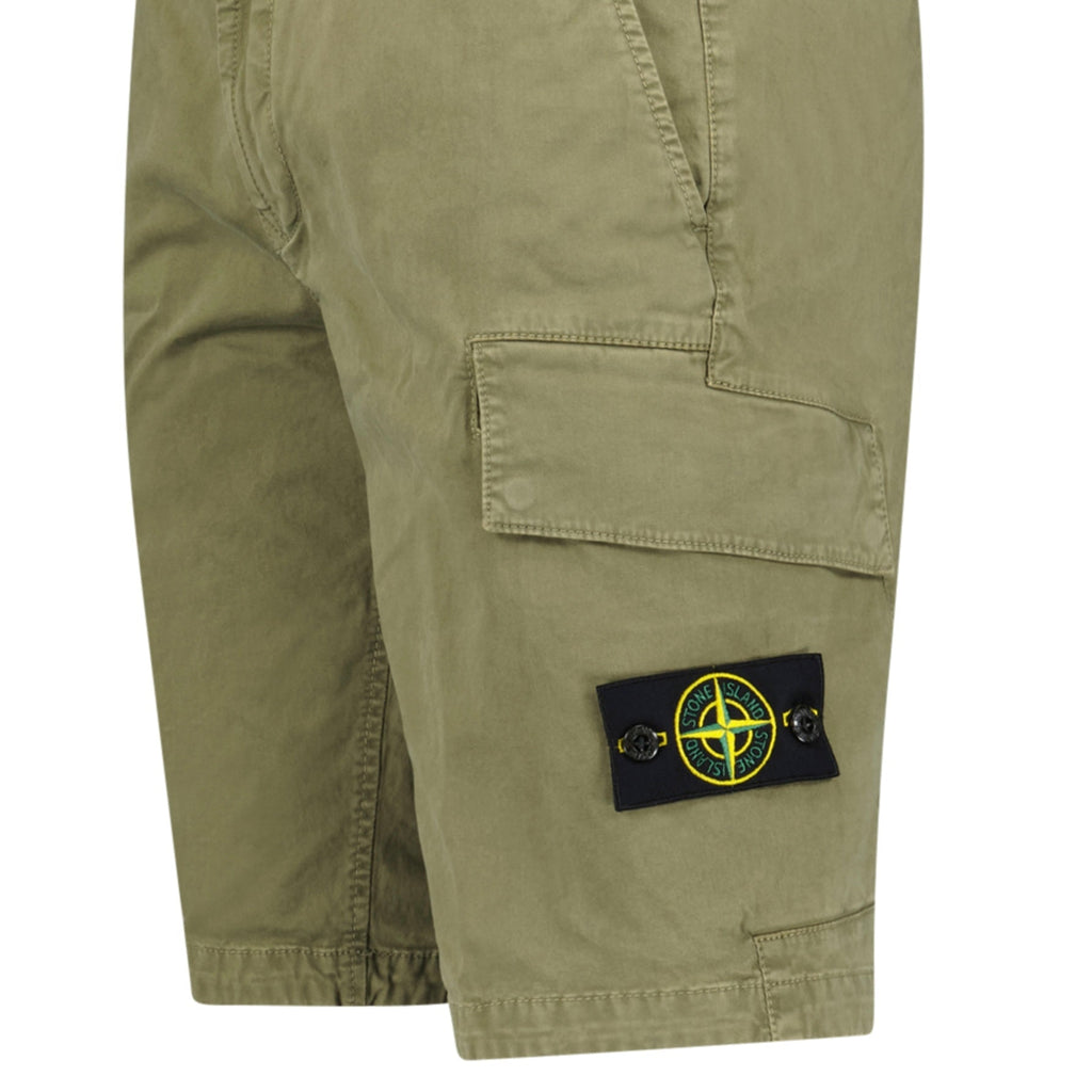 Stone Island Organic Cotton Stretch Broken Twill 'Old' Effect Cargo Shorts in Military Green