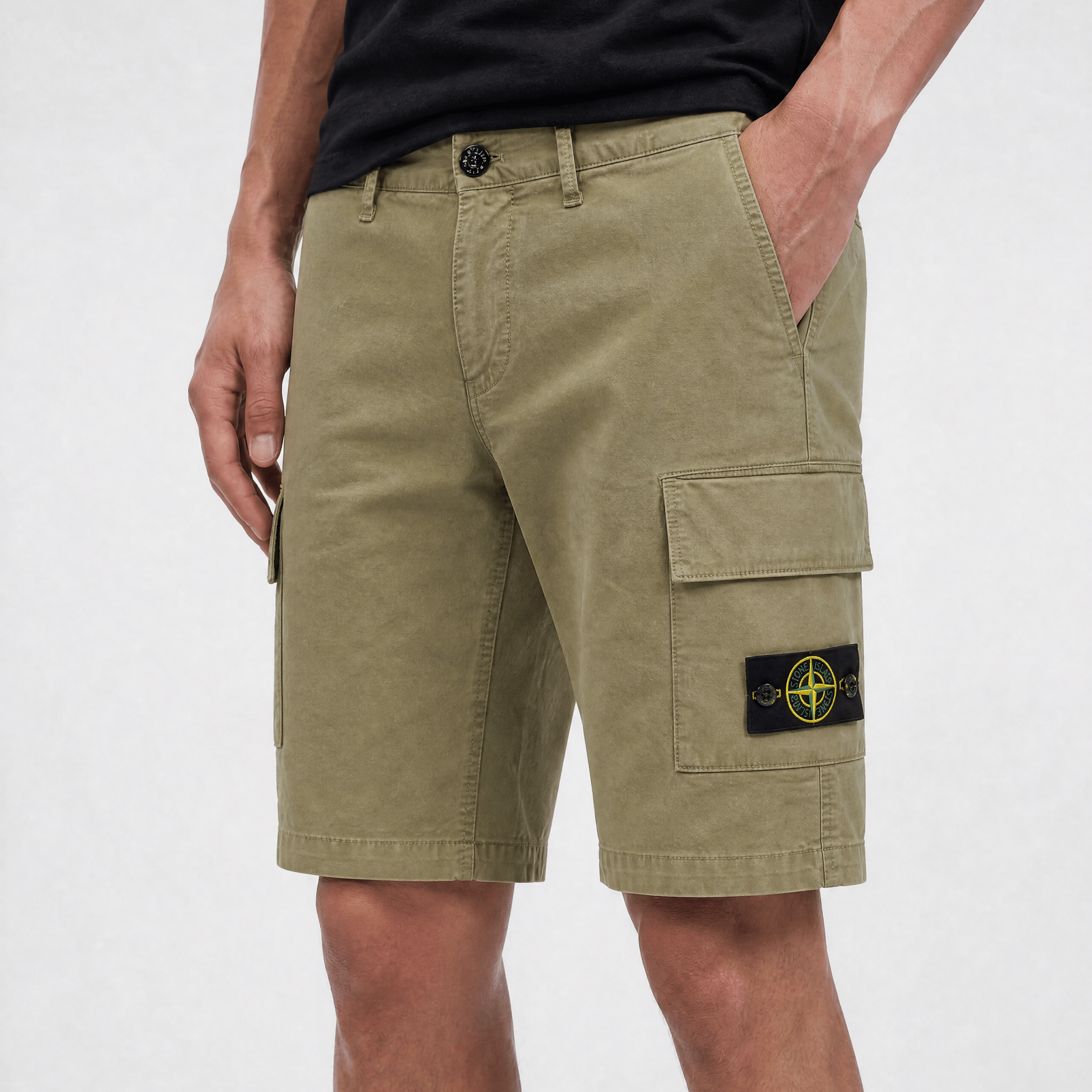 Stone Island Organic Cotton Stretch Broken Twill 'Old' Effect Cargo Shorts in Military Green
