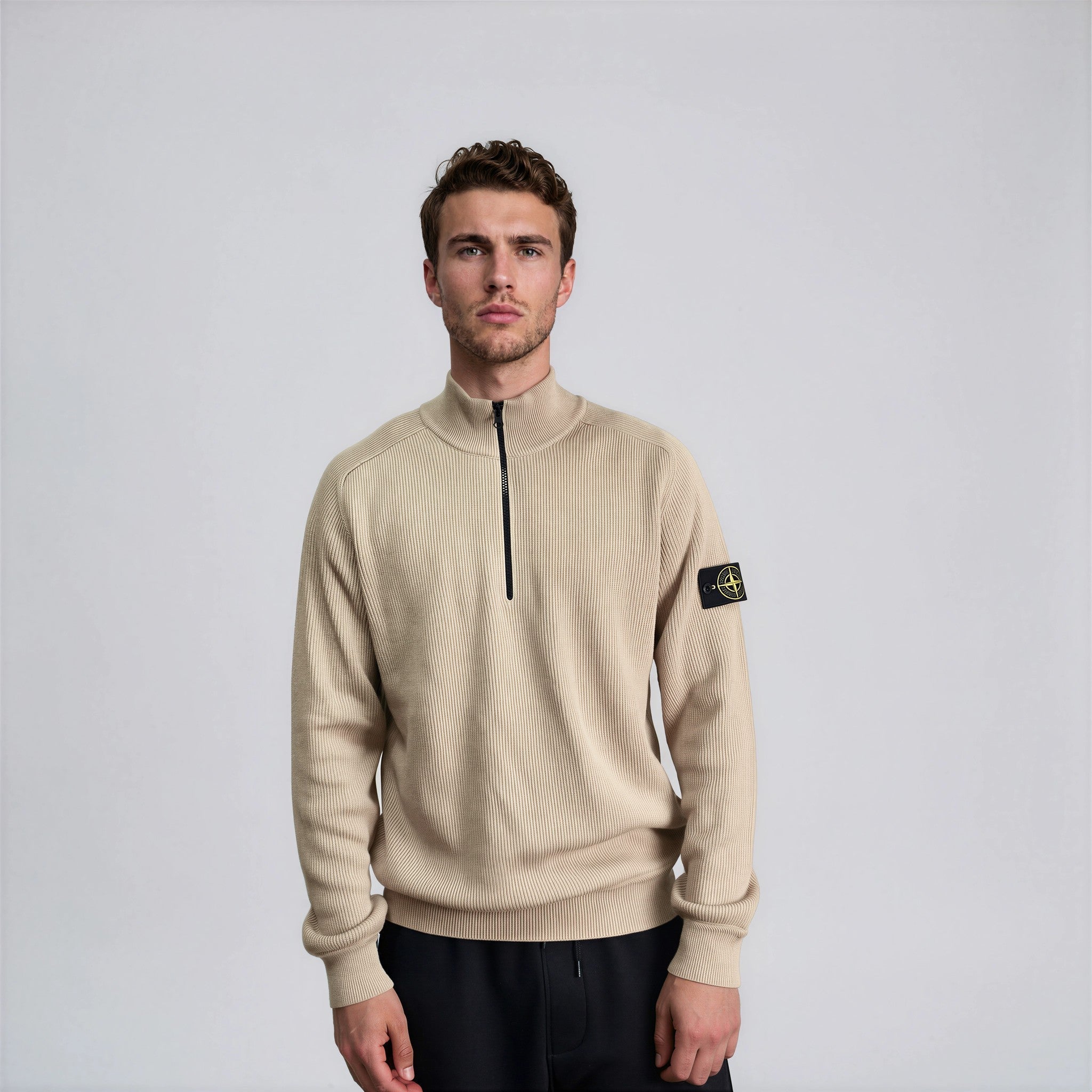 Stone Island Ribbed Soft Organic Cotton Half-Zip Jumper in Desert Sand
