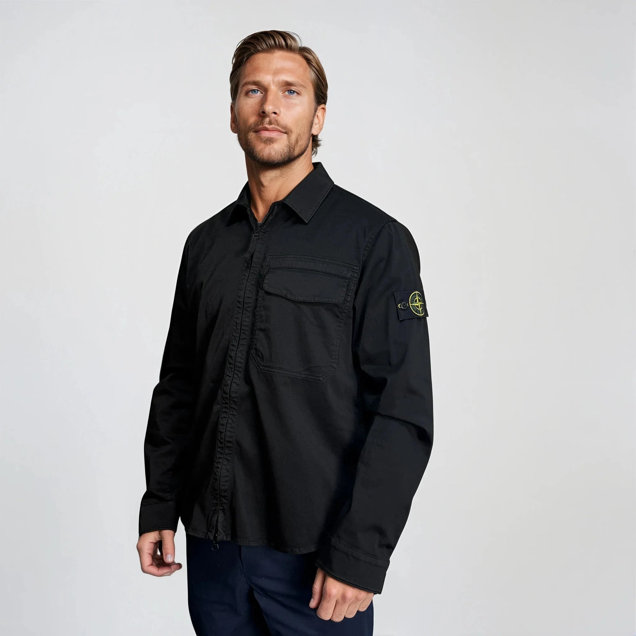 Stone Island Stretch Organic Cotton Satin Overshirt in Black