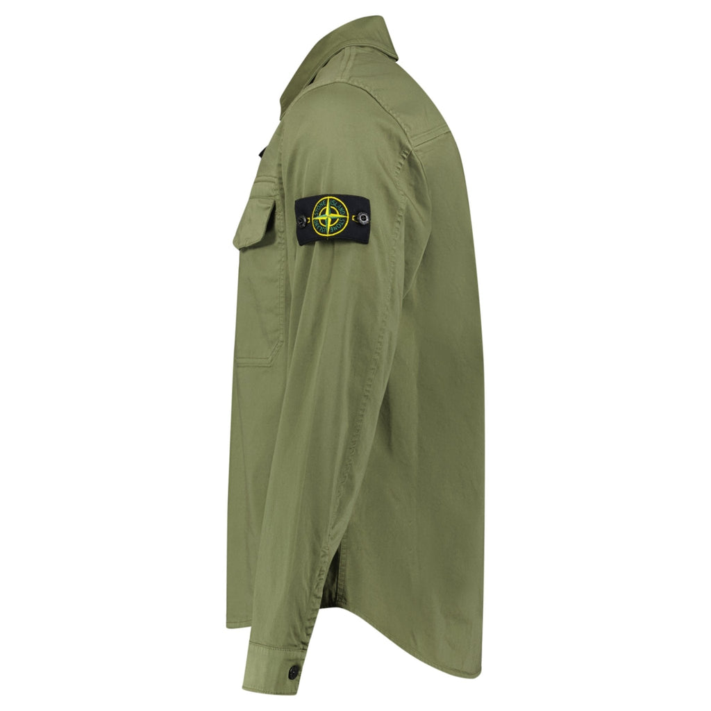 Stone Island Stretch Organic Cotton Satin Overshirt in Military Green