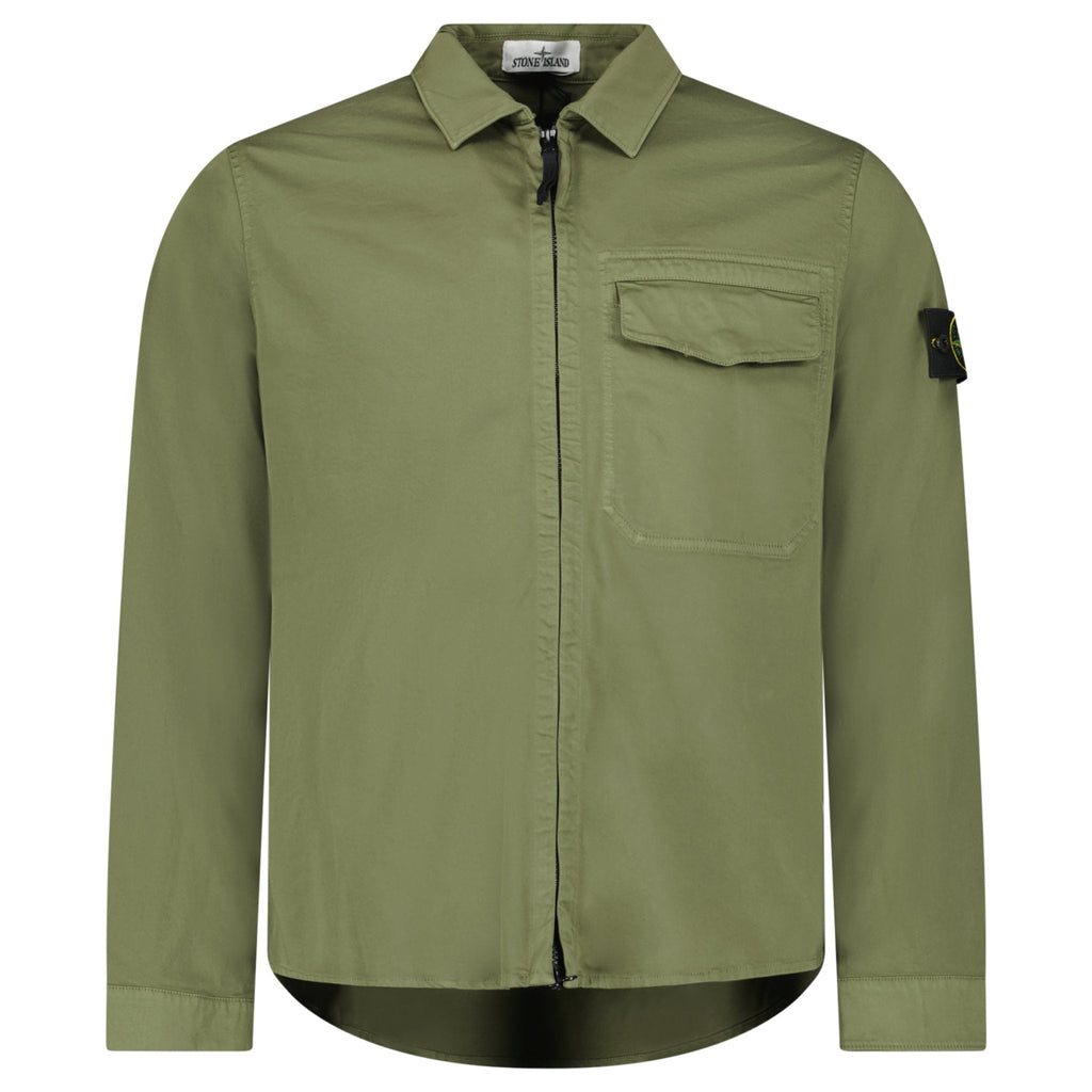 Stone Island Stretch Organic Cotton Satin Overshirt in Military Green