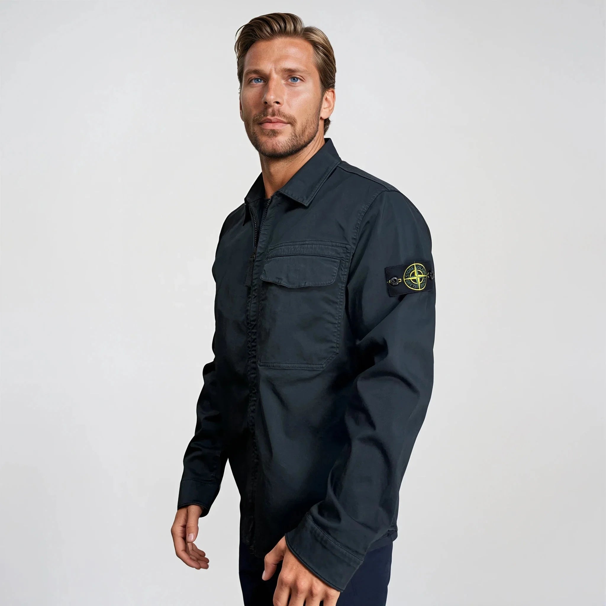 Stone Island Stretch Organic Cotton Satin Overshirt in Navy
