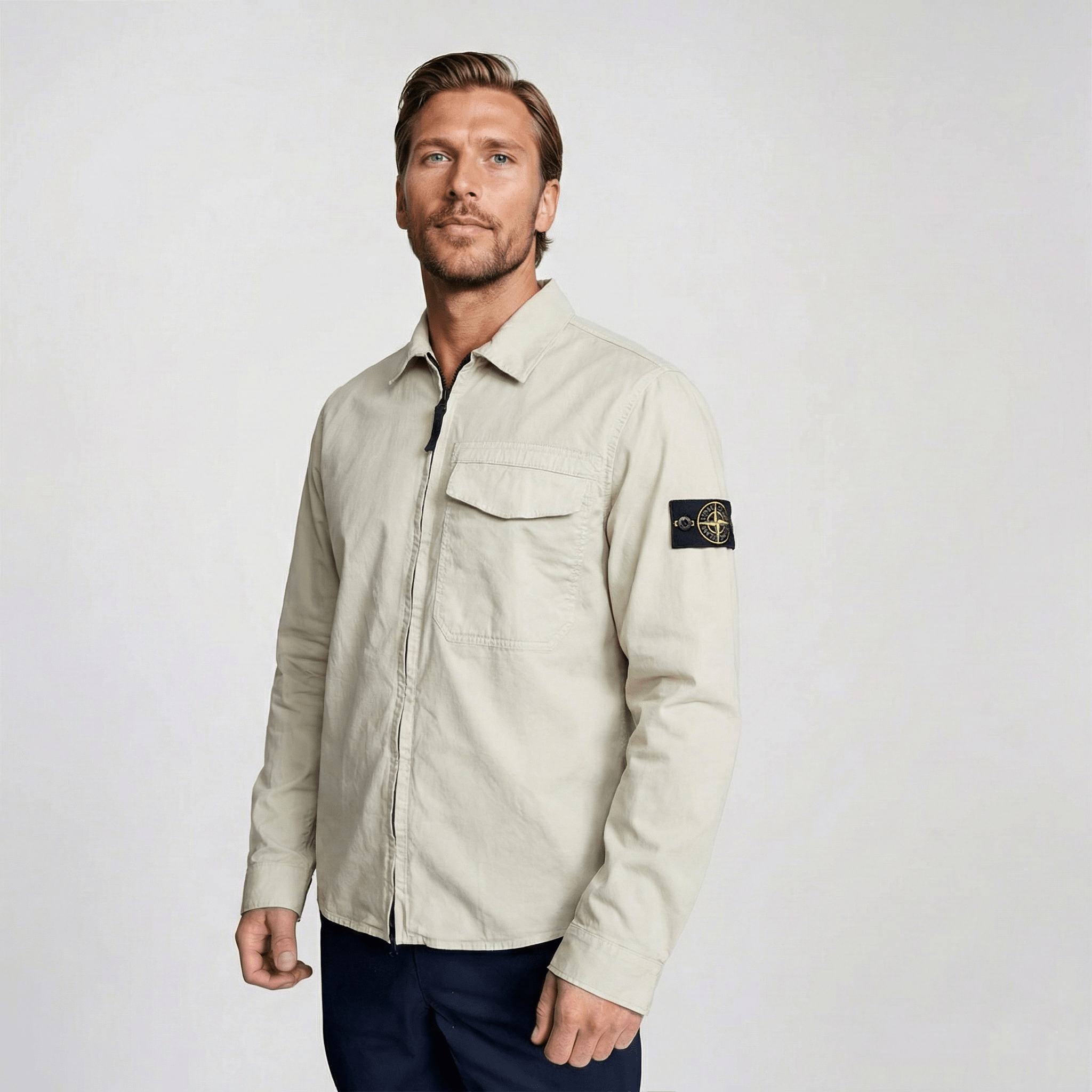 Stone Island Stretch Organic Cotton Satin Overshirt in Pearl Grey