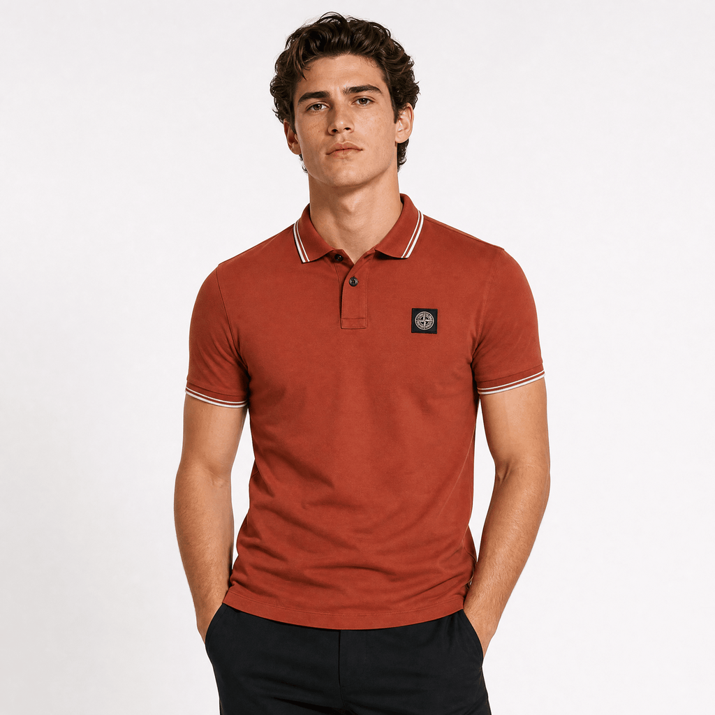 Stone Island Stripe Collar Polo T-Shirt Slim Fit Brick Red
