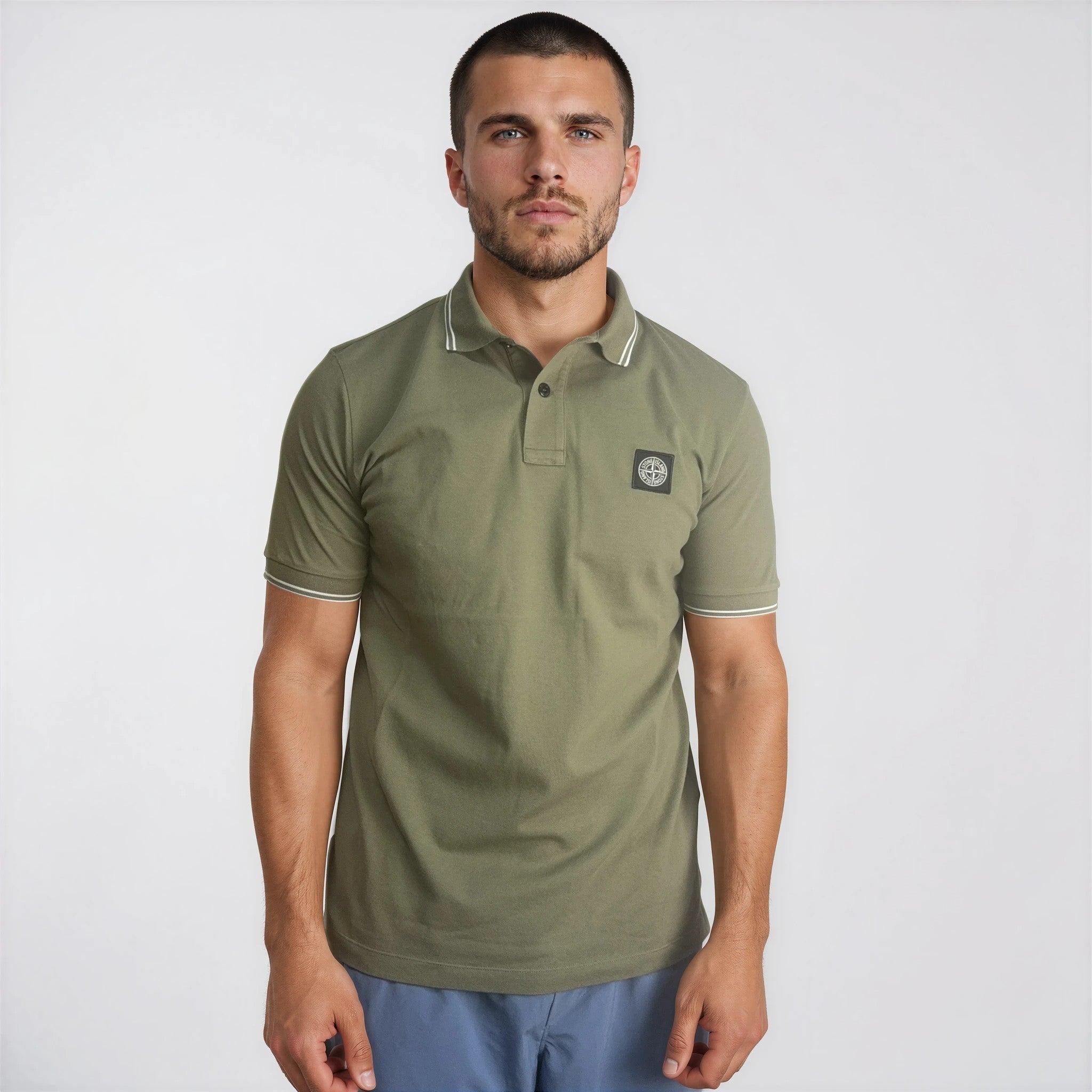 Stone Island Stripe Collar Polo T-Shirt Slim Fit Military Green