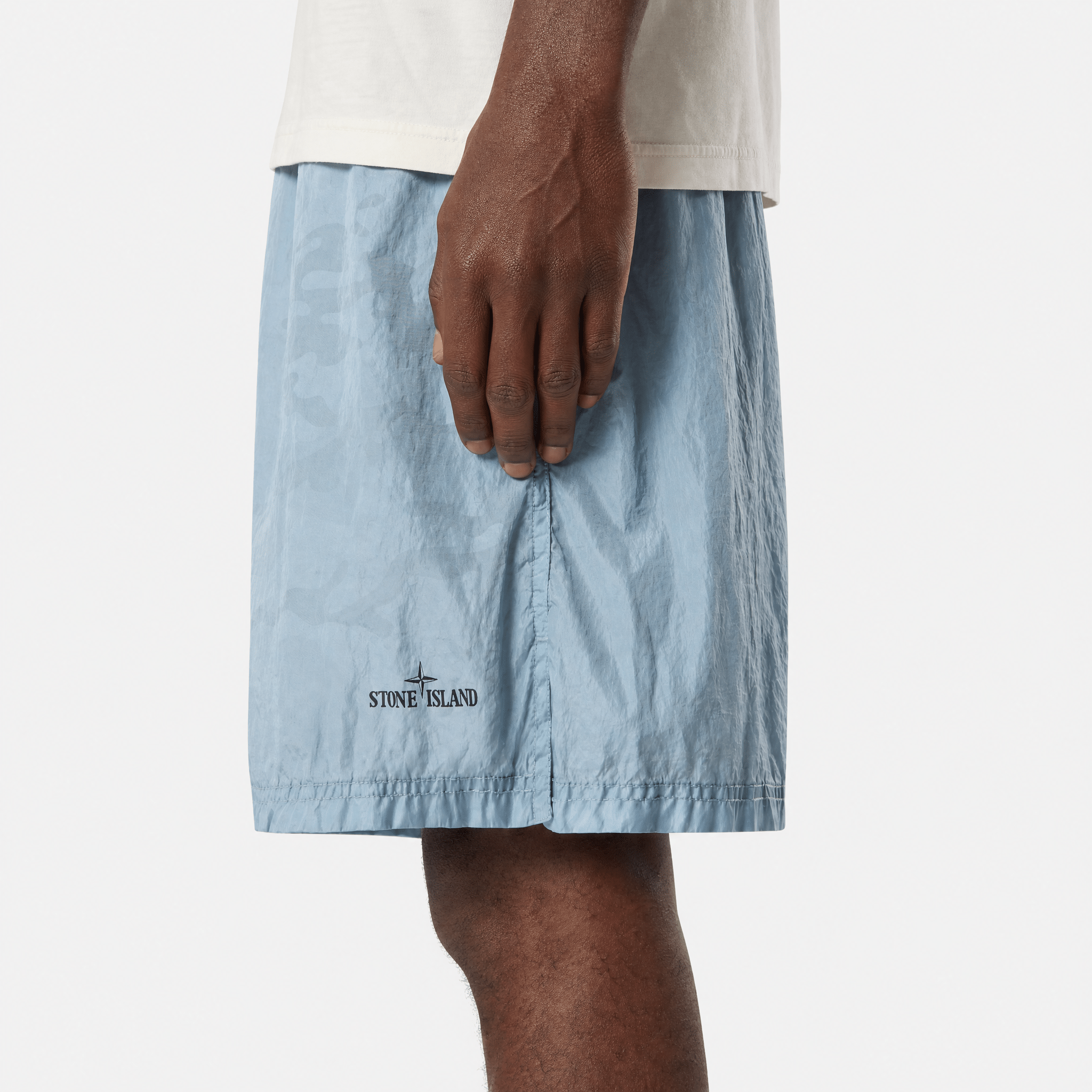 Stone Island Water Reactive Faded Camo Nylon Swim Shorts in Dust Blue