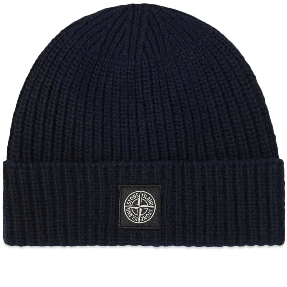 Stone Island Compass Patch Wool Beanie Hat Navy
